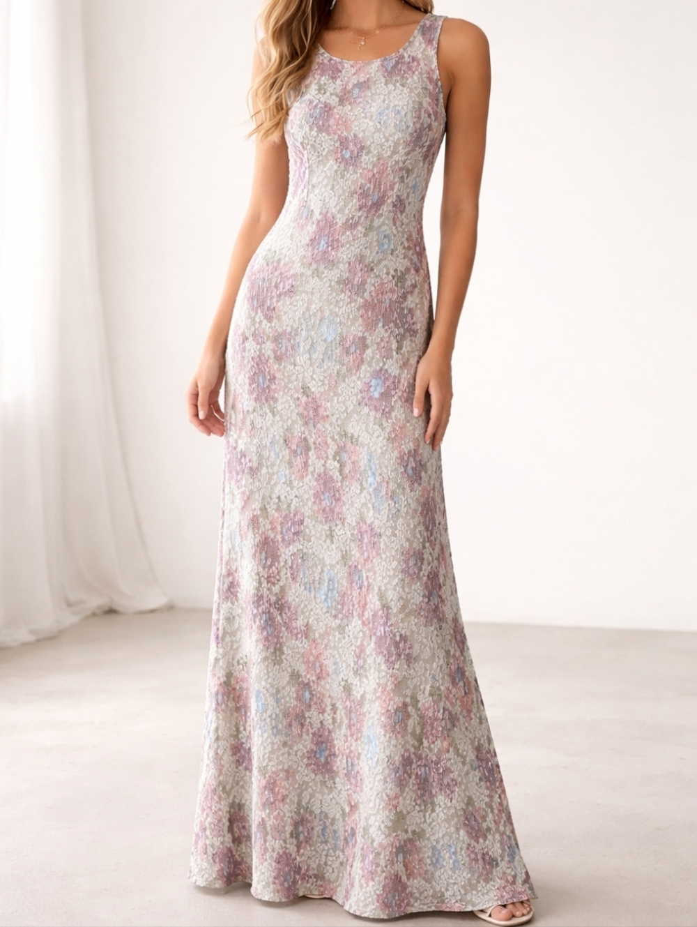 A40 Vintage Cream Floral Lace Maxi Gown Dress Pink Sleeveless Pastel Medium